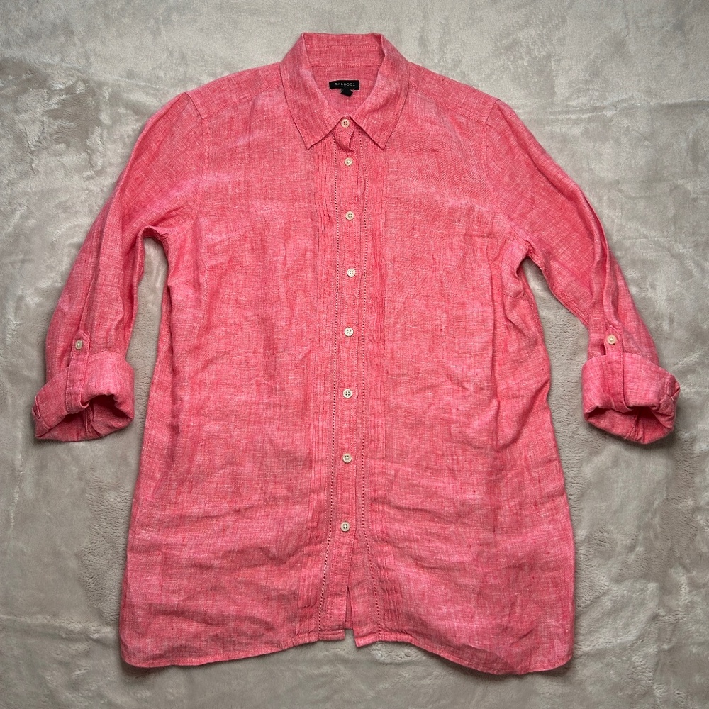 Talbots Button Up Shirt 100% Linen Pink Size S Tunic Roll Tab Sleeve Beach